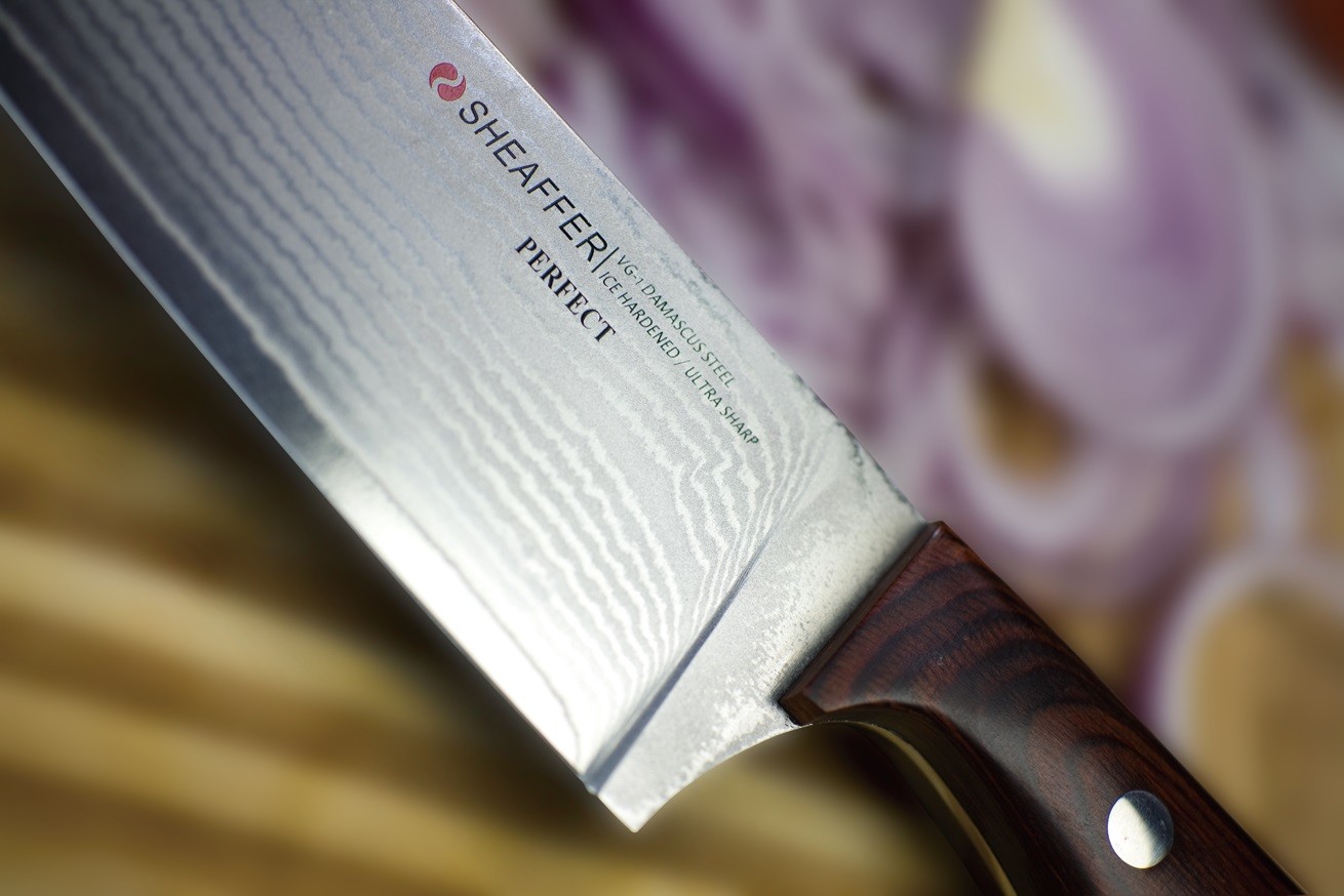 Damascus With the specially made 67 layers of stainless steels, the Damascus series has the most elegant and sharpest knives ever made for home or professional uses. The eye-catching feature on the appearance of this series is that there will be unique pattern all over the blade for each knife. Sheaffer uses the highest quality from Japanese special steel maker, to ensure the unbeatable durability and noble appearance of this series. Furthermore, with the Rockwell hardness of the core stainless steel VG1 rated at 60 HRC, it is the sharpest and hardest knife on the market.